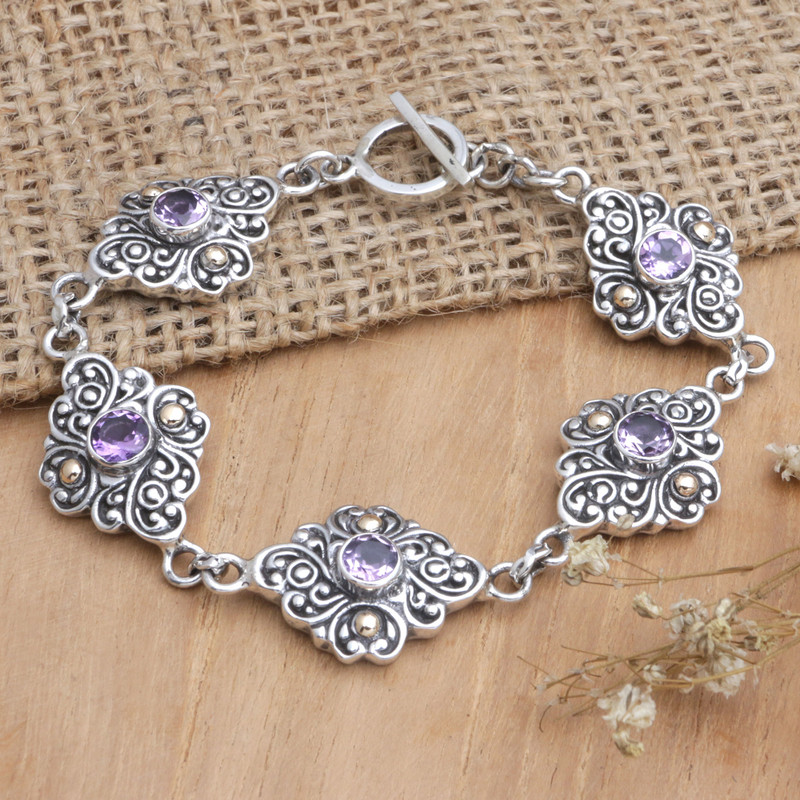 18k Gold-Accented Link Bracelet with Faceted Amethyst Stones, "Wisdom Incantation"