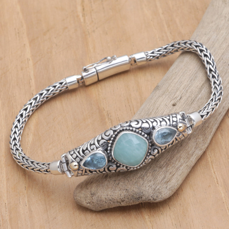 18k Gold-Accented Bracelet with Amazonite and Blue Topaz, "Blue Braids"