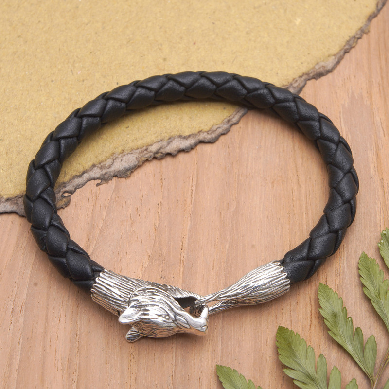 Wolf-Themed Leather and Sterling Silver Pendant Bracelet, "Midnight Wolf"