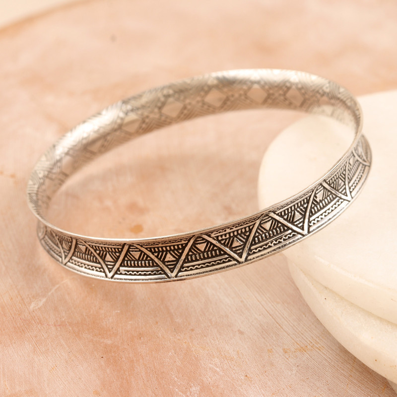 Traditional Sterling Silver Bangle Bracelet from India, "Palatial Halo"