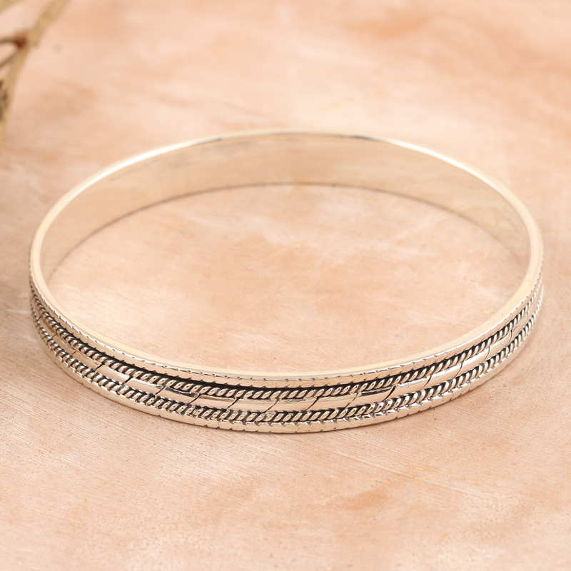 Traditional Sterling Silver Bangle Bracelet Crafted in India, "Glorious Grace"