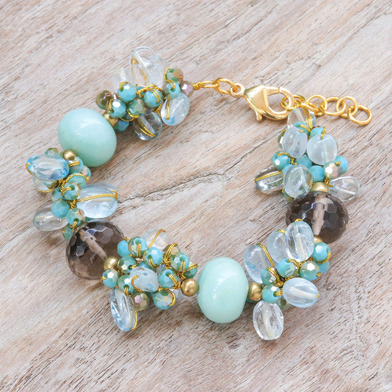 18k Gold-Accented Blue Agate and Quartz Beaded Bracelet, "Blue Spell"