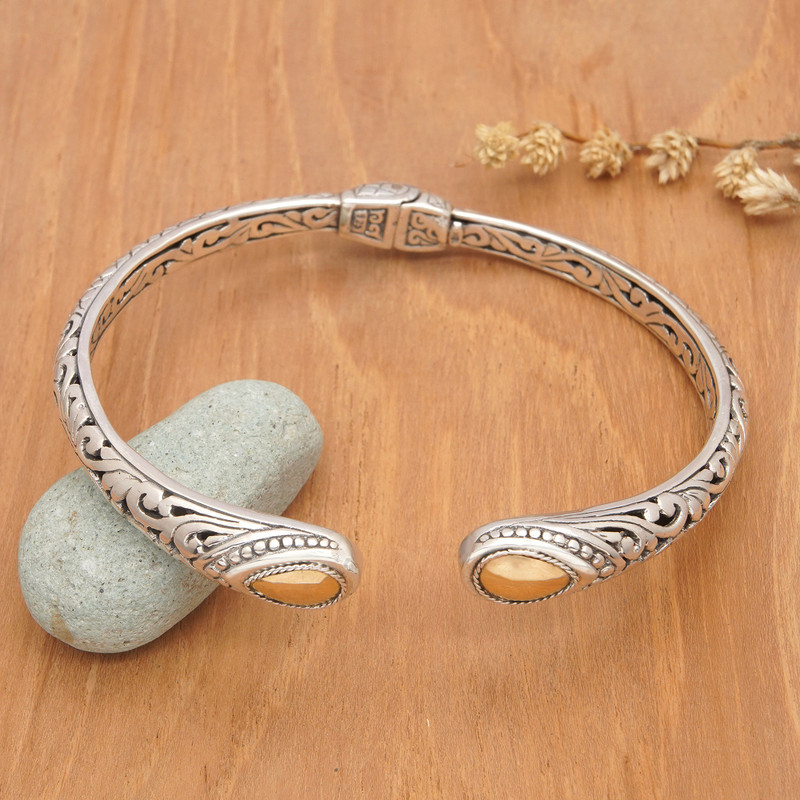 Traditional Sterling Silver Cuff Bracelet with Gold Accents, "Bali's Glory"