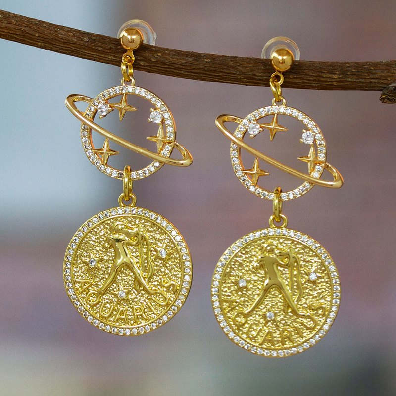 Cosmos-Themed 24k Gold-Plated Brass Aquarius Dangle Earrings, "Aquarius Galaxy"