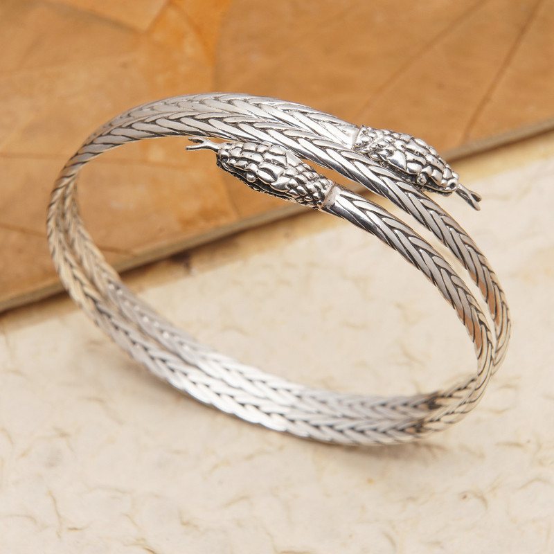 Traditional Snake-Themed Sterling Silver Bangle Bracelet, "Snake Directions"