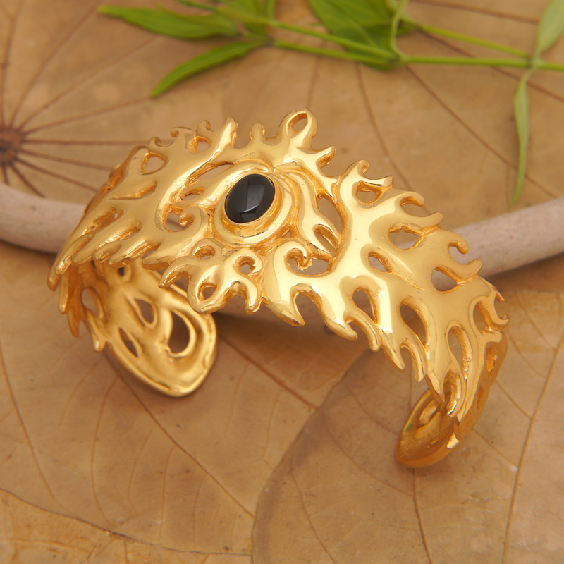 Traditional 22k Gold-Plated Cuff Bracelet with Onyx Cabochon, "Flaming Mysticism"