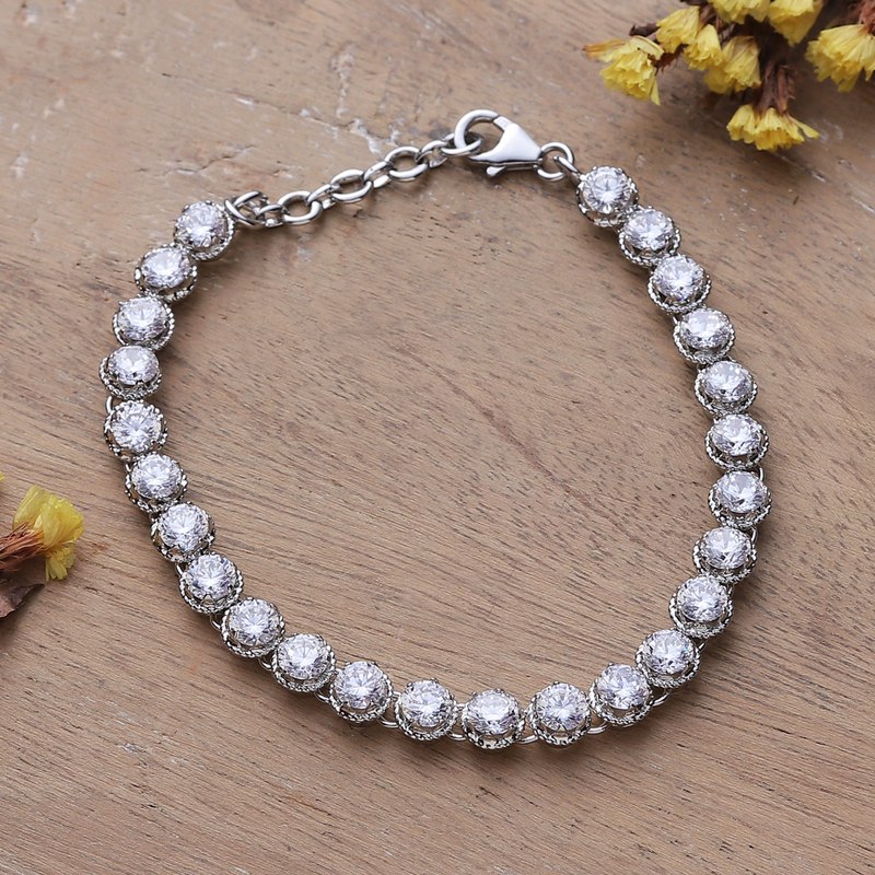 12-Carat Faceted Cubic Zirconia and Sterling Silver Bracelet, "Ethereal Sparkle"