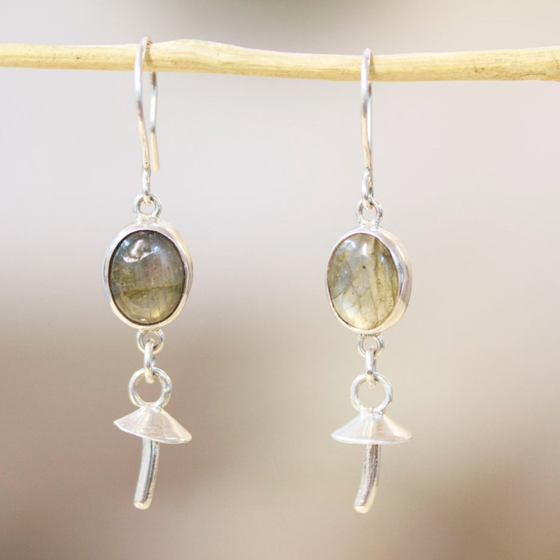 Mushroom-Shaped Natural Labradorite Dangle Earrings, "Sylvan Protector"