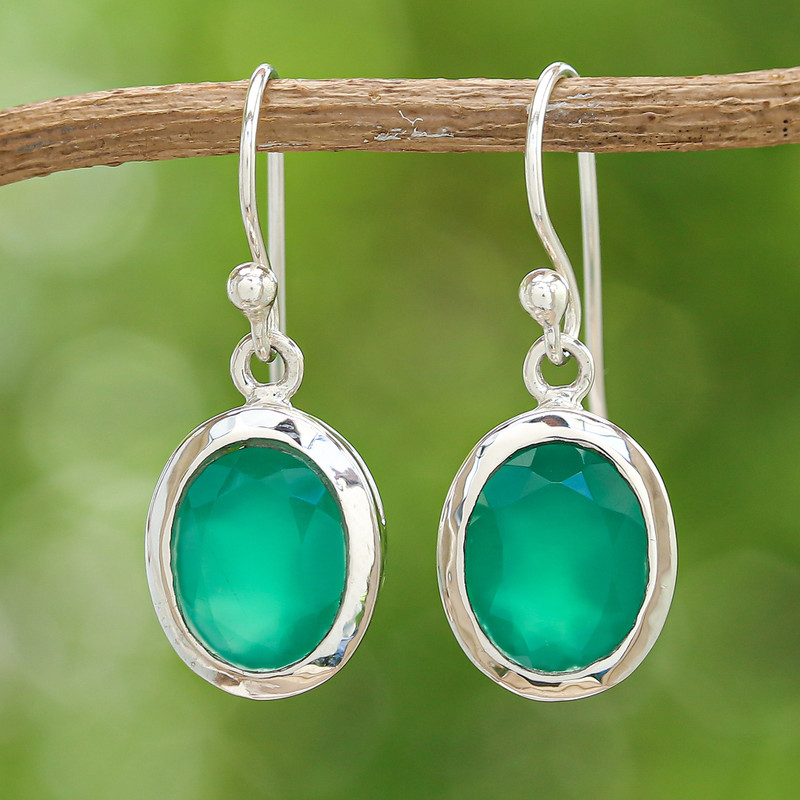p449918_2_800.jpg Polished Three-Carat Oval Chalcedony Dangle Earrings, "Teal Focus"