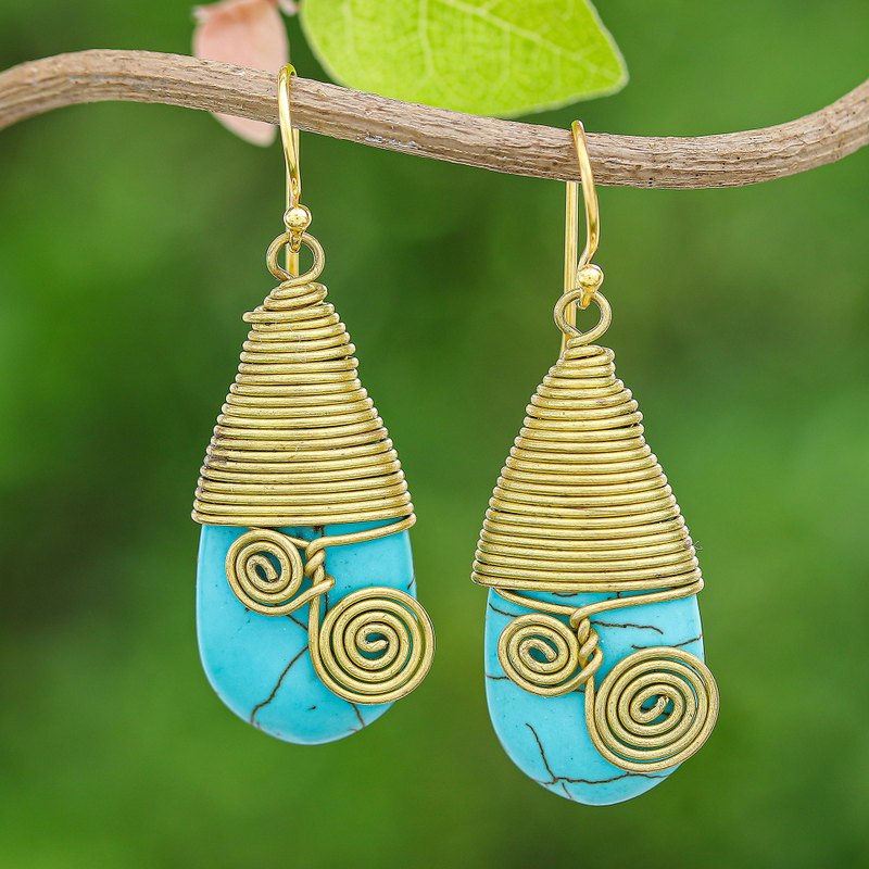 Polished Brass Dangle Earrings with Light Blue Magnesite, "Peaceful Swirls"