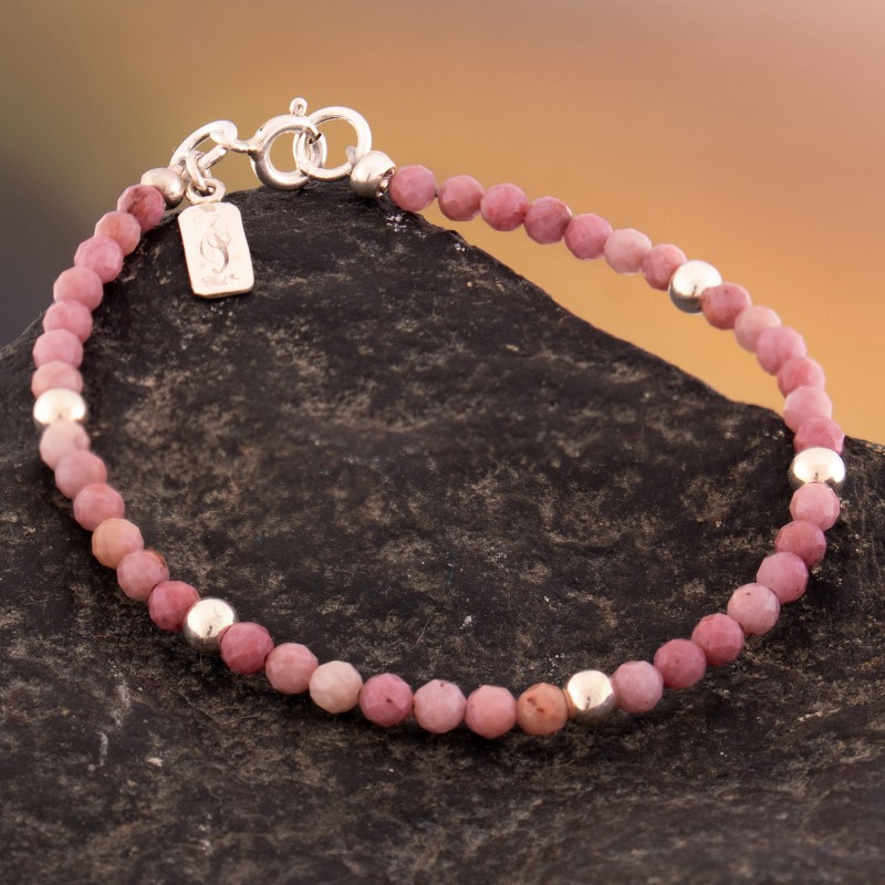 Wristband Bracelet with Rhodonite Stones and Silver Beads, "Mystic Rose"