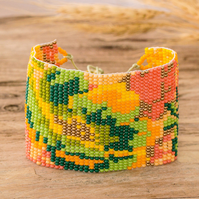 Adjustable Orange and Green Glass Beaded Wristband Bracelet, "Tropical Winds"