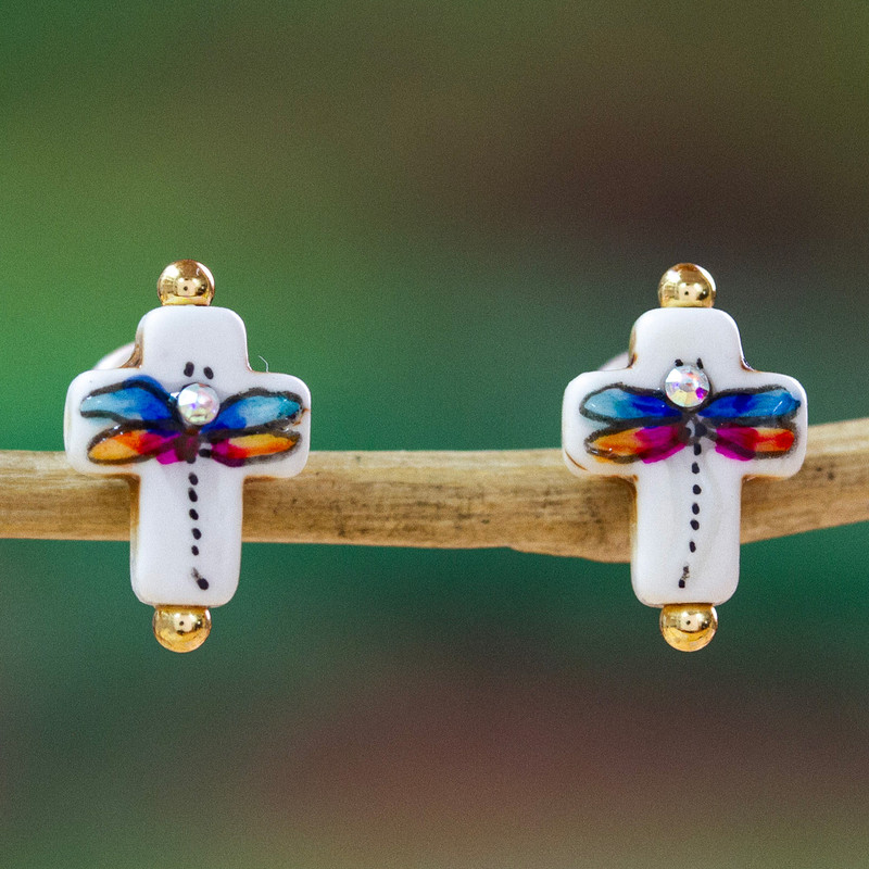 14k Gold-Accented Dragonfly-Themed Howlite Button Earrings, "Faith in Change"