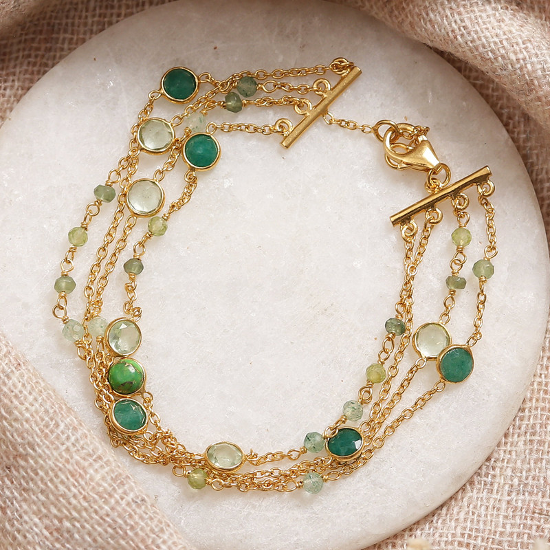 18k Gold-Plated Multi-Gemstone Strand Bracelet from India, "Green Symphony"