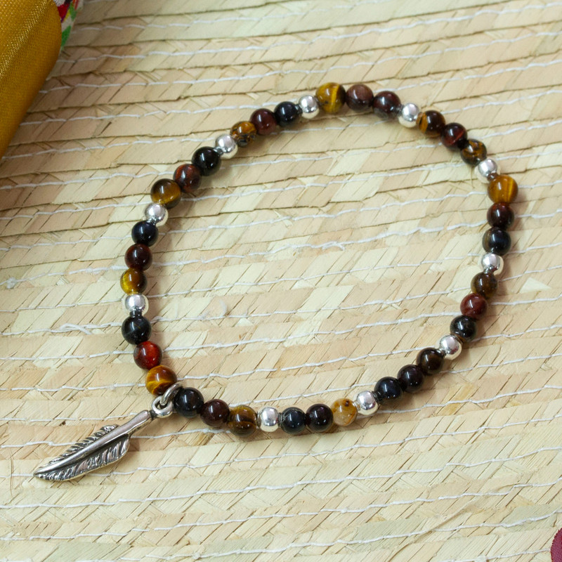 Tiger's Eye Stretch Bracelet with Taxco Silver Feather Charm, "Feather Flair"