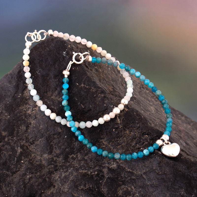 2 Agate Morganite Beaded Bracelets with Silver Heart Charm, "Gem Harmony"