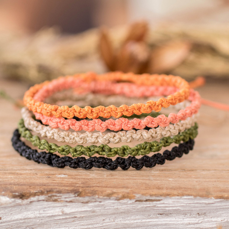 5 Macrame Bracelets in Black Beige Orange Green and Pink, "Sublime Shades"