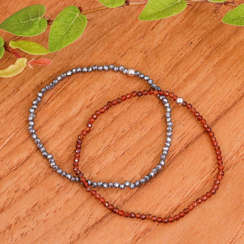 2 Beaded Stretch Bracelets with Chalcedony and Hematite Gems, "Double Flair"