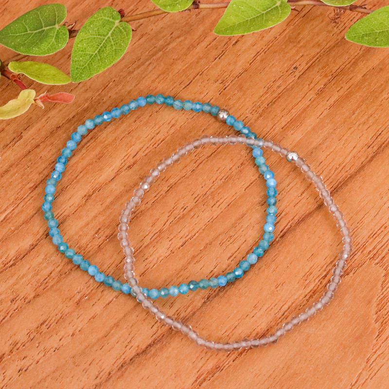 2 Handmade Apatite and Smoky Quartz Beaded Stretch Bracelets, "Double Chic"