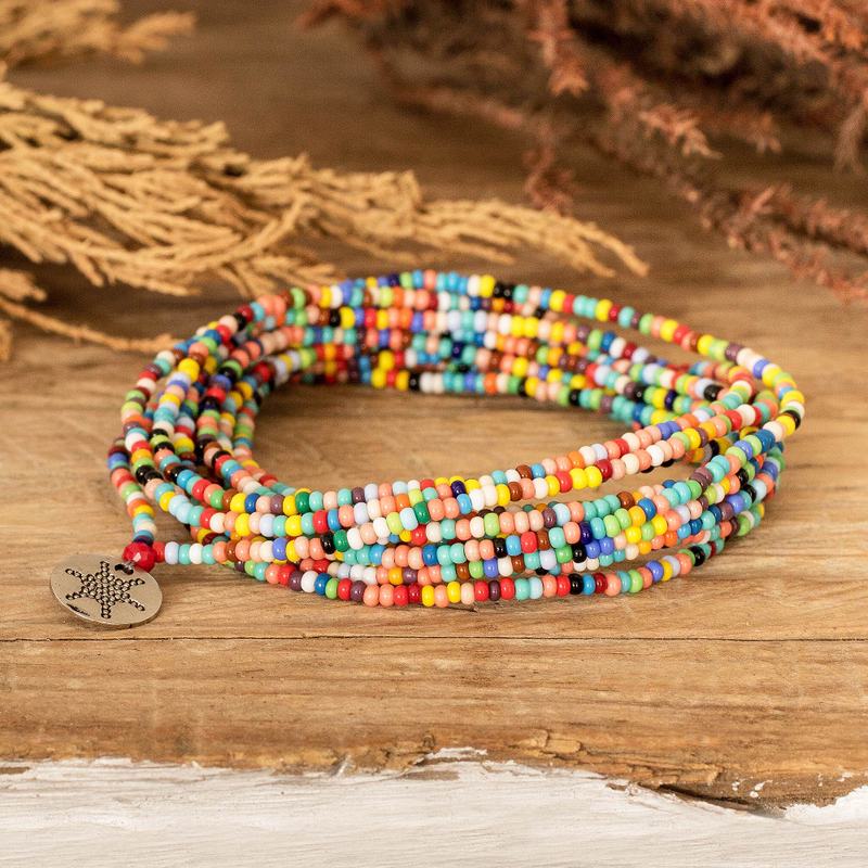 Versatile Rainbow Beaded Wrap Bracelet and Strand Necklace, "Infinite Rainbow"