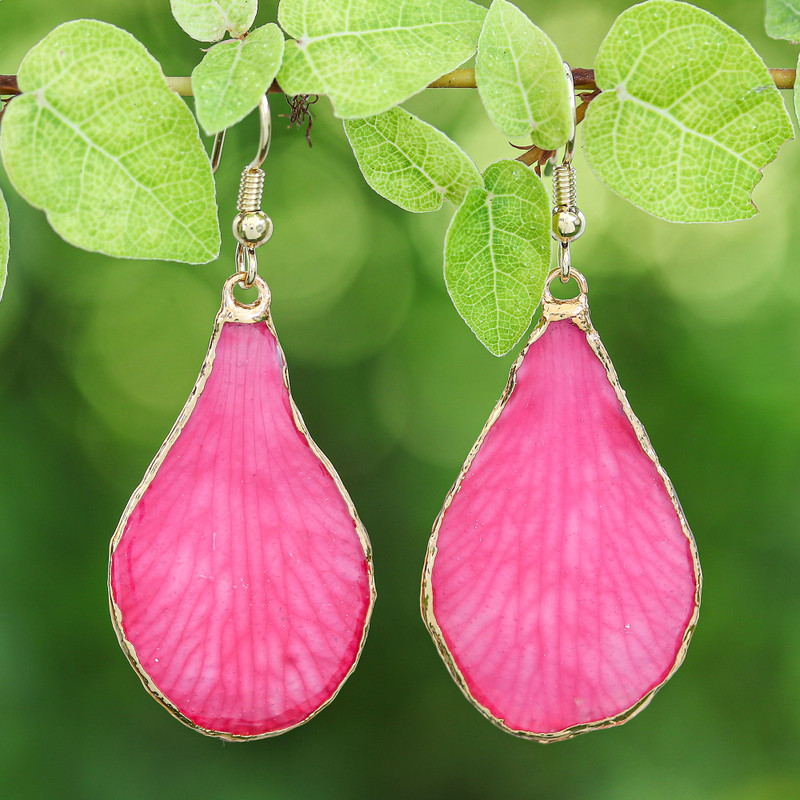 Fuchsia Spring-Themed Gold-Accented Petal Dangle Earrings, "Flawless Petal"