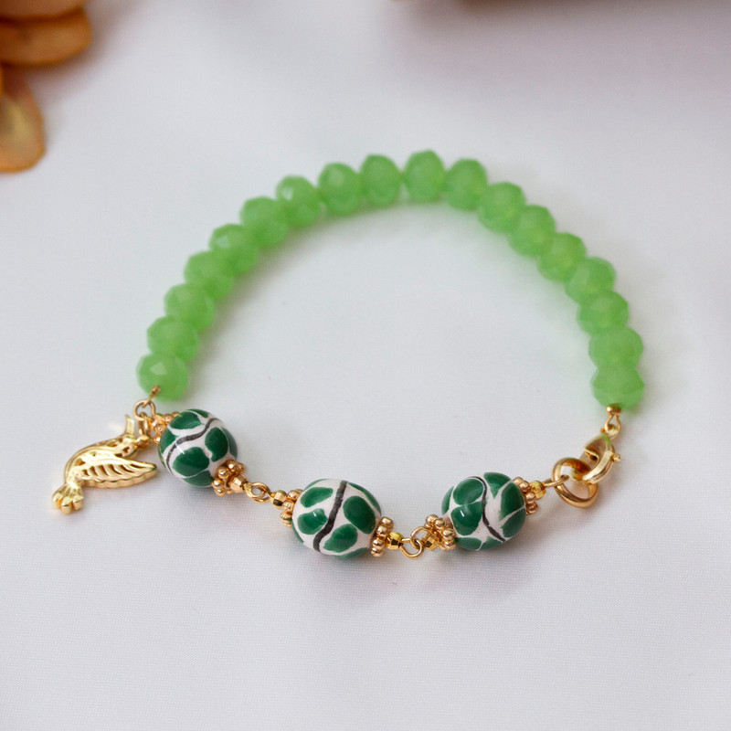 14k Gold-Accented Green Ceramic and Crystal Link Bracelet, "My Green World"