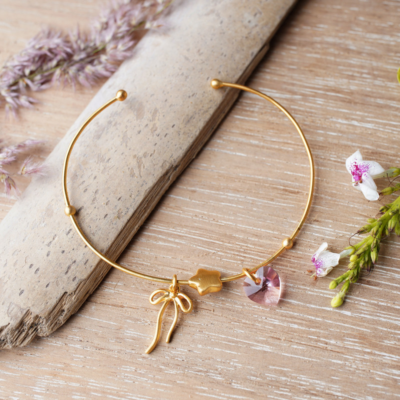 18k Gold-Plated Cubic Zirconia Charm Cuff Bracelet from Java, "Adorable Trio"