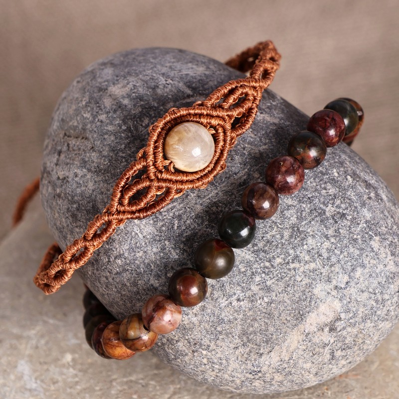 2 Jade Macrame Pendant and Beaded Stretch Bracelets in Brown, "Exquisite Duo"