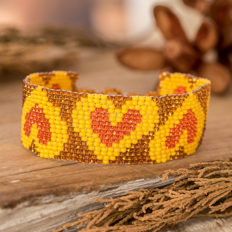 Yellow Orange Golden-Hued Beaded Bracelet with Heart Design, "Yellow Queen of Hearts"