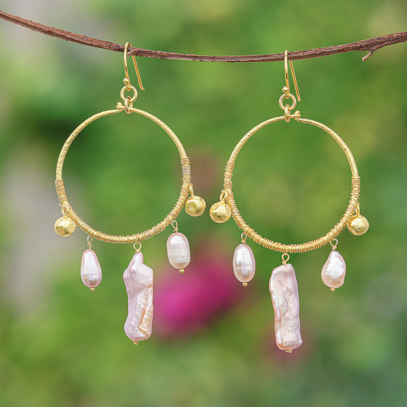 18k Gold-Plated Cultured Pearl Statement Chandelier Earrings, "Pop of Pink"