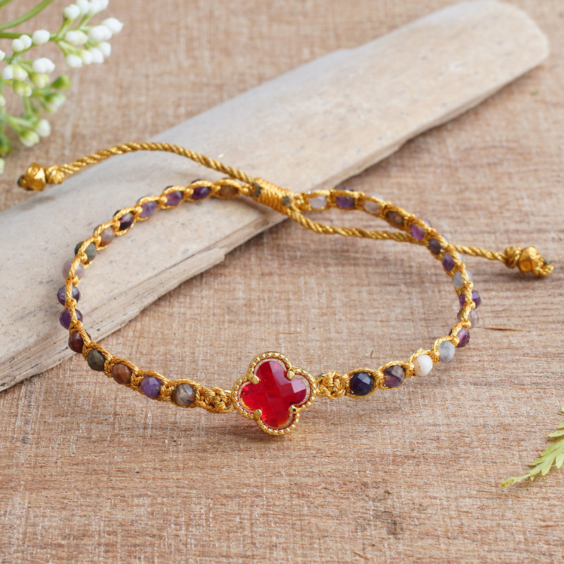 Tourmaline Beaded Bracelet with Red Flower Pendant from Bali, "Flower of Creativity"
