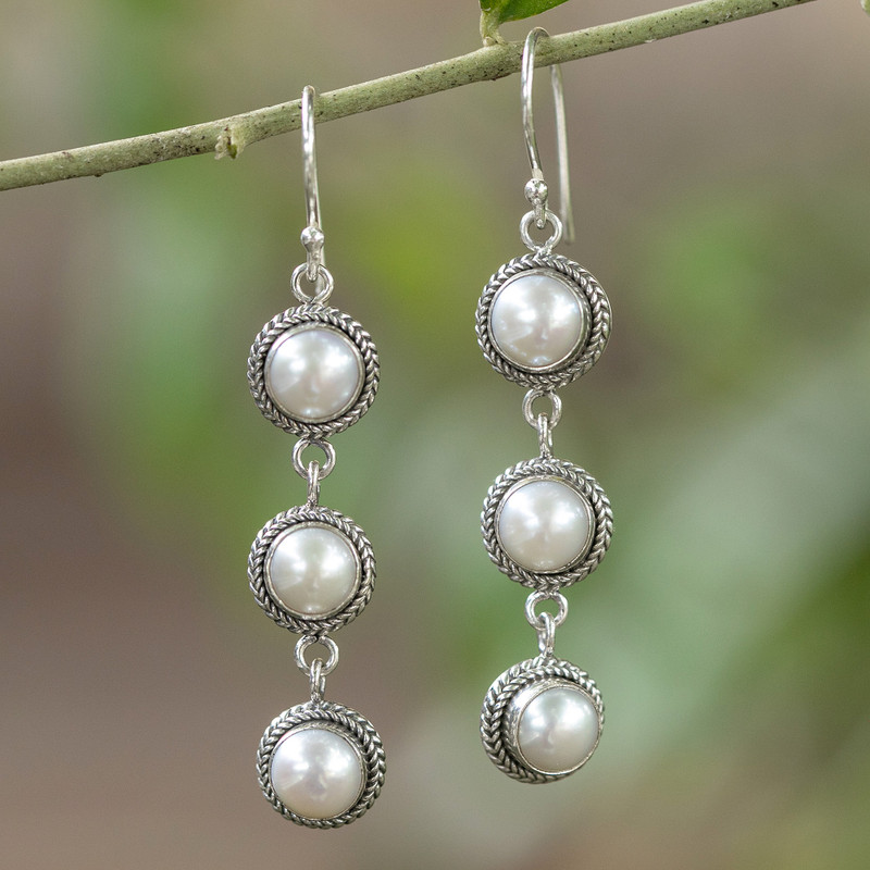 Polished and Oxidized Grey Cultured Pearl Dangle Earrings, "Pure Pearl"