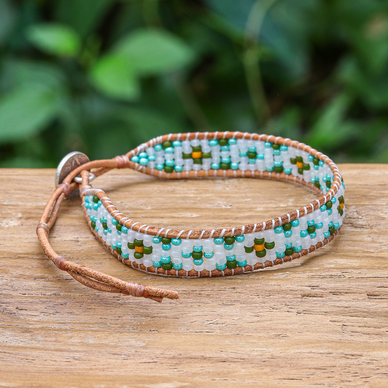 Turquoise Glass Bead and Brown Leather Wristband Bracelet, "Peace at the Shore"