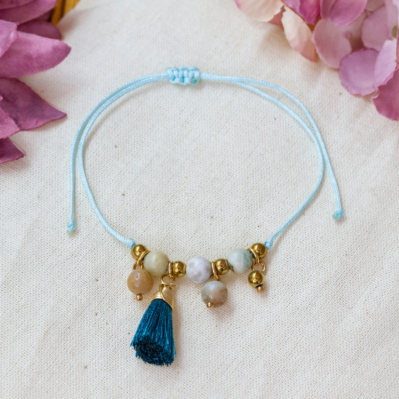 Turquoise Silk and Amazonite Tassel Bracelet from Mexico, "Tassel of Peace"