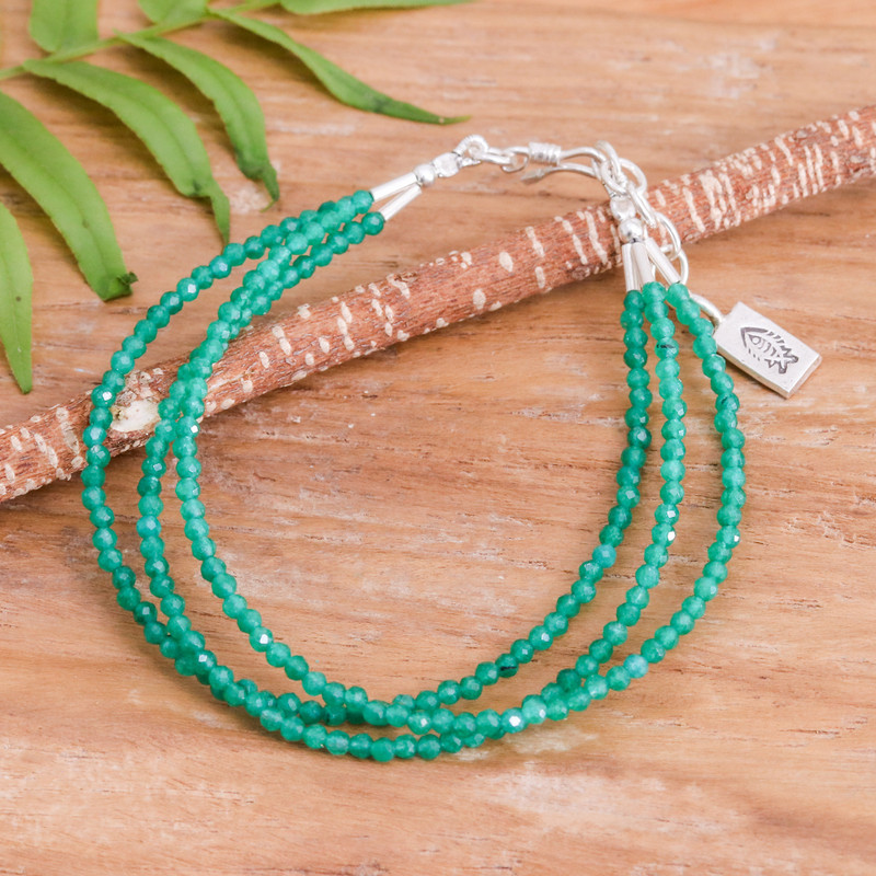 Thai Artisan-Made Green Quartz Beaded Three-Strand Bracelet, "Three of Compassion"