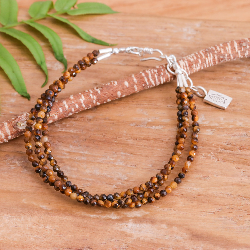 Thai-Made Tiger's Eye Quartz Beaded Three-Strand Bracelet, "Three of Courage"