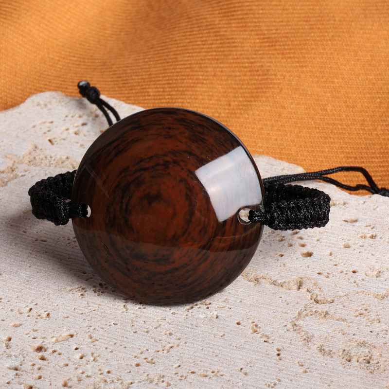 Unisex Round Dark Brown Natural Obsidian Pendant Bracelet, "Lunar Boldness"