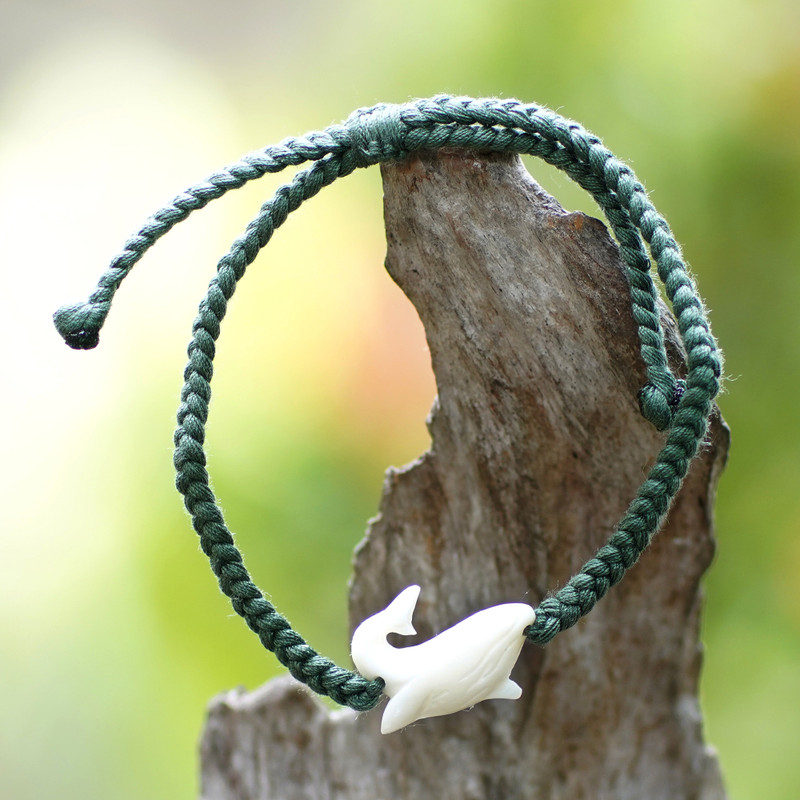 Unisex Whale-Themed Green Cotton Braided Pendant Bracelet, "Oceanic Braids"