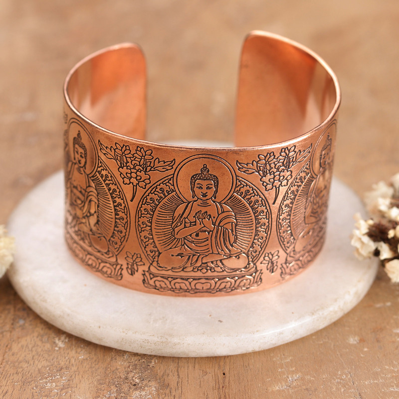 Wide Copper Cuff Bracelet with Engraved Buddha Designs, "Meditative Buddha"