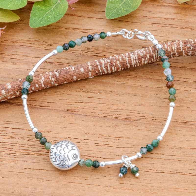 Thai Moss Agate Beaded Bracelet with Fish-Themed Pendant, "Floating Fish in Green"