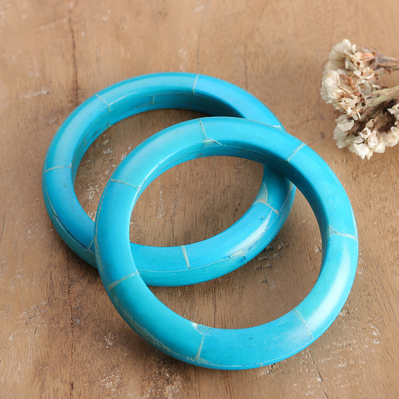 Turquoise-Toned Hand-Carved Bangle Bracelet Pair from India, "Aqua Aura"