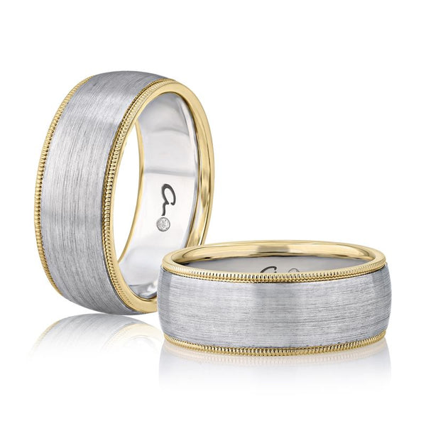 A.Jaffe Wedding Bands Two-Tone Matte Finish Men’s Wedding Band With Gold Milgrain Edges BB0199-8/PL
