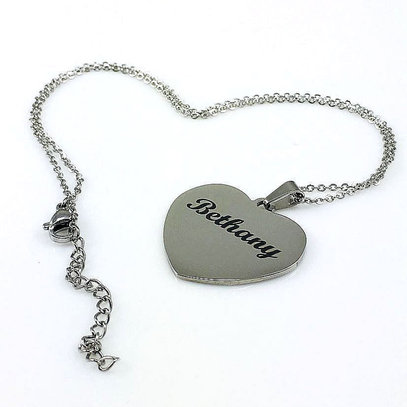 Silver Tone Personalized Laser Engraved Heart Shaped Name Plate Necklace Pendant #1011