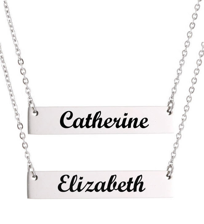 Silver Tone Personalized Laser Engraved Name Plate Bar Necklace Engraving Pendant 1006
