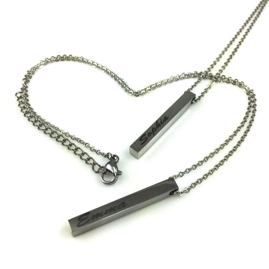 Silver Tone Personalized Laser Engraved Name Plate Vertical Bar Necklace Pendant #1001
