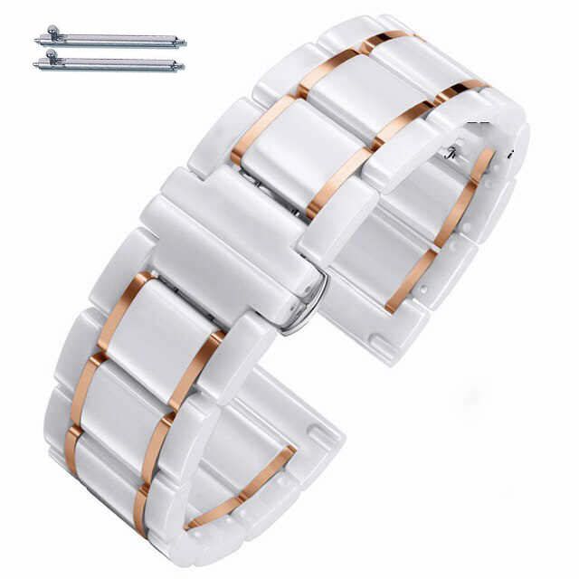 Timex Compatible White Ceramic Replacement Watch Band Rose Gold Stripes #8006