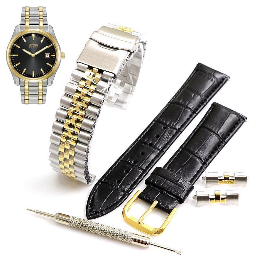 Two Tone Steel Bracelet & Leather Replacement Watch Band fits Citizen AU1044-58E