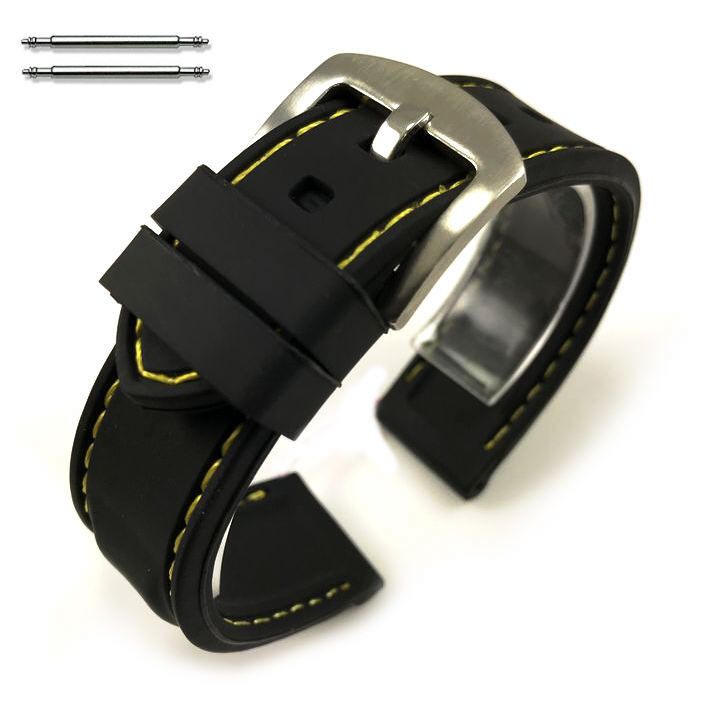 Victorinox Swiss Army Compatible Black Rubber Silicone PU Replacement Watch Band Strap Steel Buckle Yellow Stitching #4005