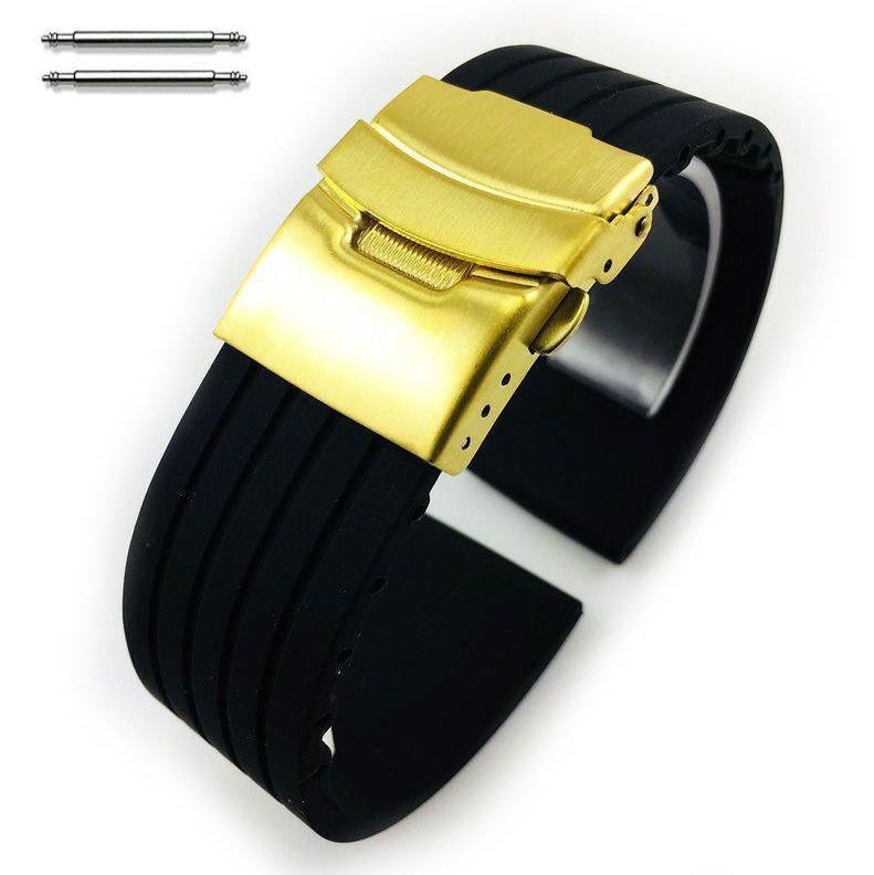 Victorinox Swiss Army Compatible Black Rubber Silicone Replacement Watch Band Strap Gold Double Lock Buckle #4011G