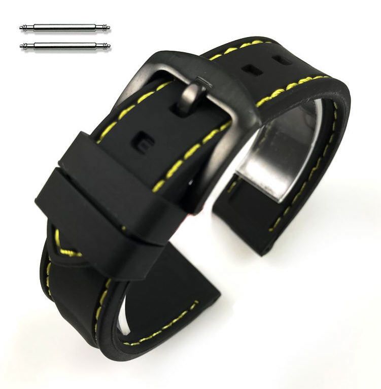 Victorinox Swiss Army Compatible Black Rubber Silicone Replacement Watch Band Strap Yellow Stitching Steel Buckle #4007
